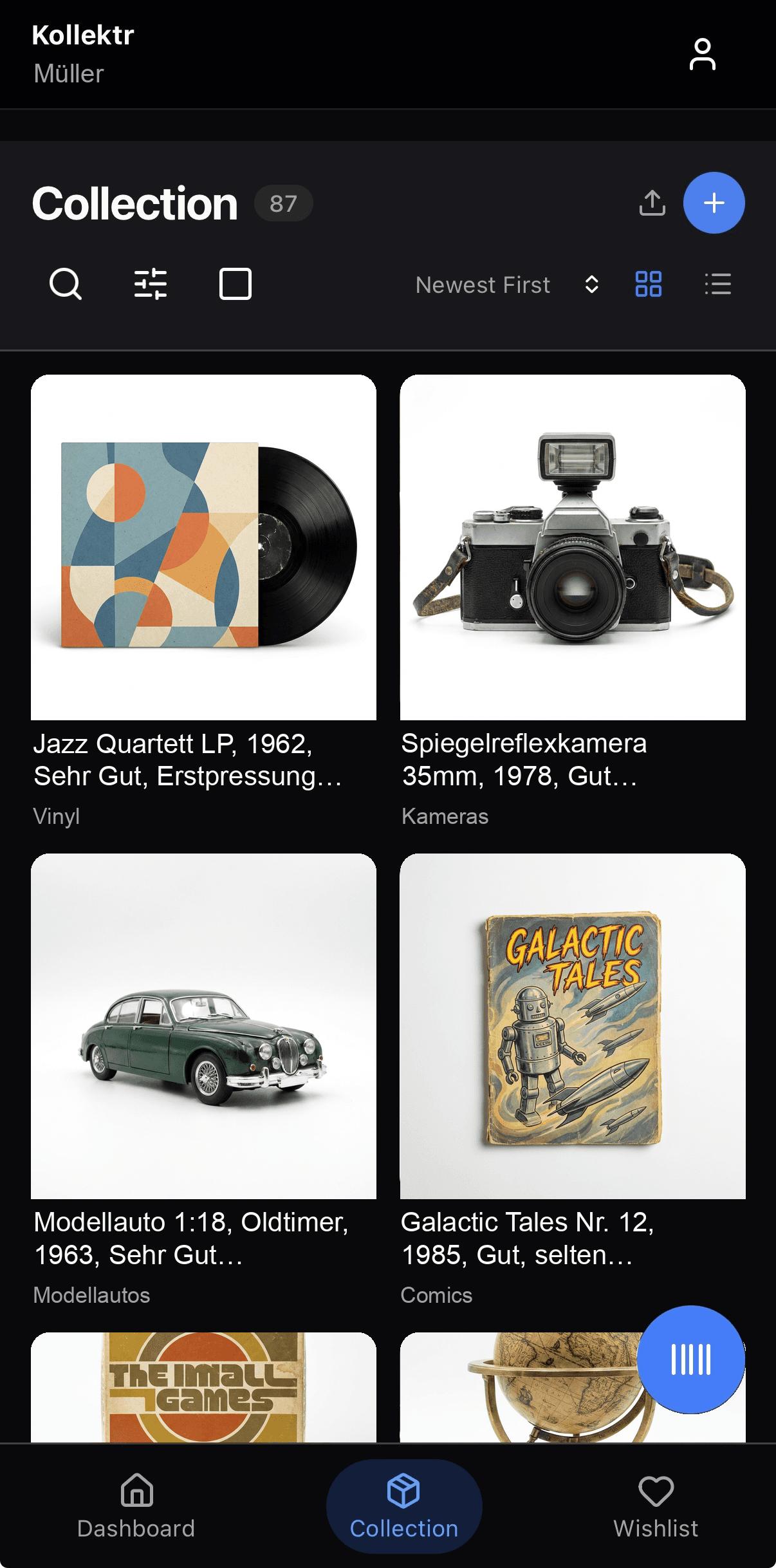 Kollektr Kollektion – Rasteransicht mit Fotos von Vinyl, Kamera, Modellauto und Comics
